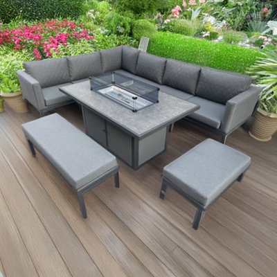 L Shaped 9 Seater Grey Patio Set With Fire Pit Table Outdoor Seating