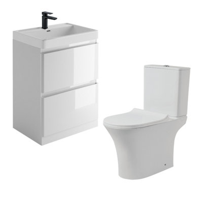 L Shaped Bathroom Suite (W)1700 Left Hand Bath, (W)600 Vanity Unit, Rimless Toilet WC, Taps & Shower