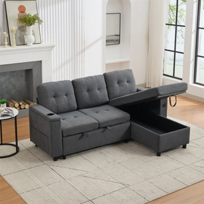 L-Shaped Couch Sofa Bed with Storage, 3 Seater Pull Out Sofa Bed with ...