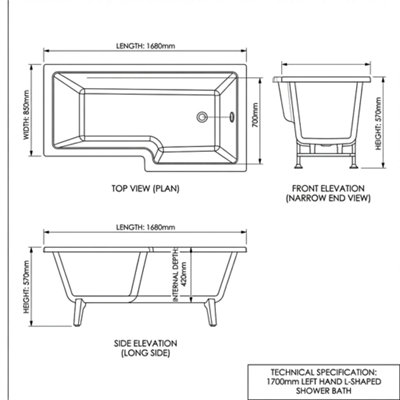 L Shaped Shower Bath 1700mm Left Hand, White Acrylic, Extra Strong ...