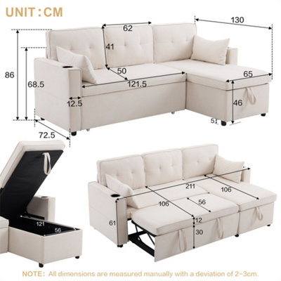 L Shaped Sofa Bed with Storage Chaise - 3-in-1 Convertible Sectional ...