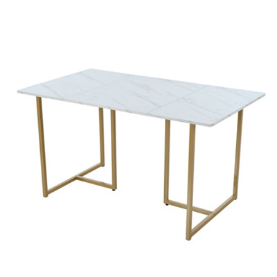 L-shaped Support Legs Rectangular Dining Table in Modern Marble Pattern Kitchen Table with Adjustable Feet, White/Golden