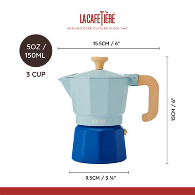 La Cafetière 'Venice' Sky Blue Espresso Maker, 2-Tone 3 Cup Aluminium Brewer, Gift Boxed, 150ml