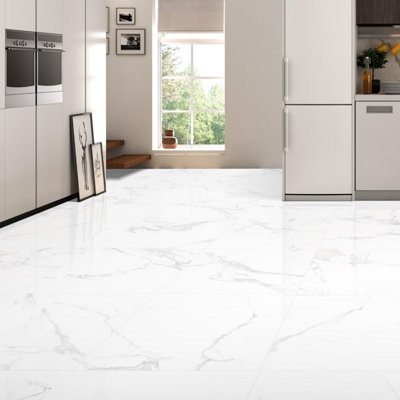 Lacey Polished White Marble Effect Porcelain Wall & Floor Tile - Pack of 38 Tiles, 13m² - (L)600(W)600mm