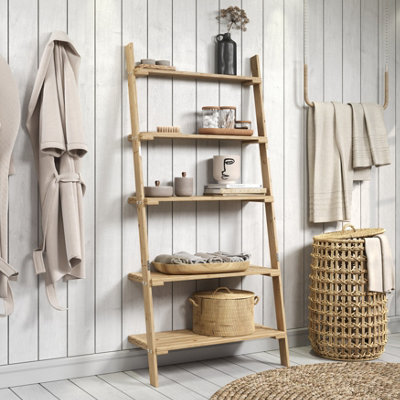 ladder design pine shelf unit with slatted shelves - natural wood solid pine