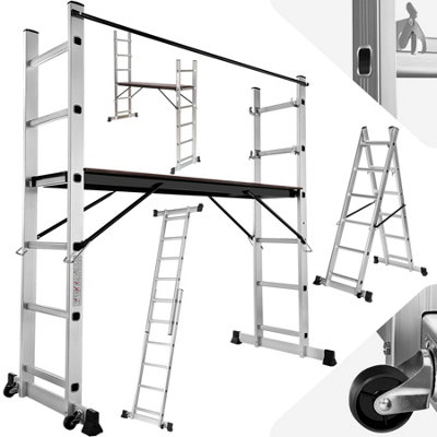 Ladder, Scaffold & Platform 3-in-1 - aluminium, non-slip, stable, with 2 practical wheels - silver