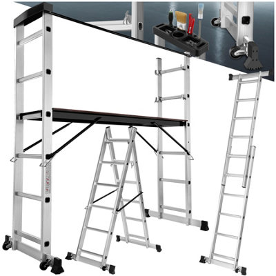 Ladder, Scaffold & Platform 4-in-1 - aluminium, non-slip, stable, with 2 practical wheels - silver