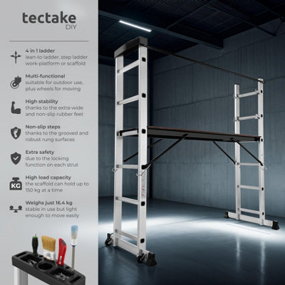 Ladder, Scaffold & Platform 4-in-1 - aluminium, non-slip, stable, with 2 practical wheels - silver