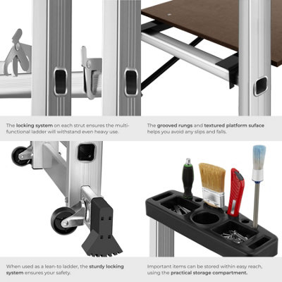 Ladder, Scaffold & Platform 4-in-1 - aluminium, non-slip, stable, with 2 practical wheels - silver