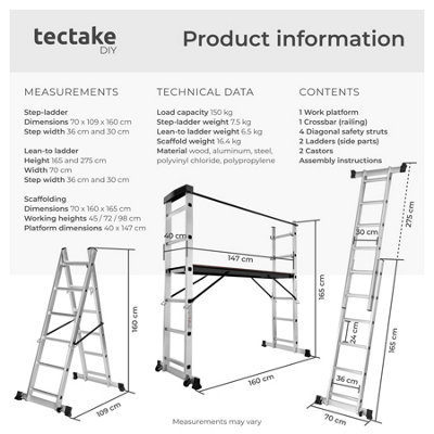 Ladder, Scaffold & Platform 4-in-1 - aluminium, non-slip, stable, with 2 practical wheels - silver