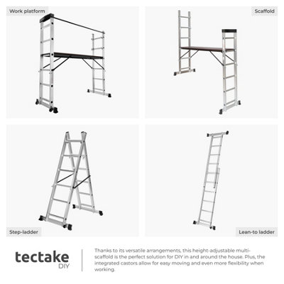 Ladder, Scaffold & Platform 4-in-1 - aluminium, non-slip, stable, with 2 practical wheels - silver