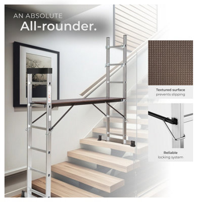 Ladder, Scaffold & Platform 4-in-1 - aluminium, non-slip, stable, with 2 practical wheels - silver