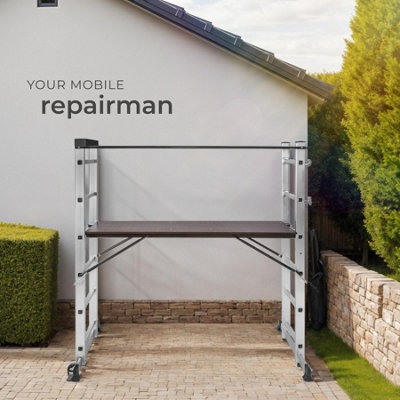 Ladder, Scaffold & Platform 4-in-1 - aluminium, non-slip, stable, with 2 practical wheels - silver