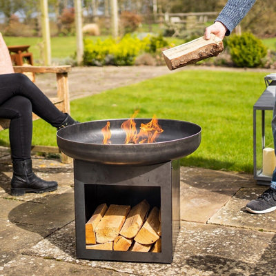 Laguna Fire Pit Bowl & Log Store - Weatherproof Metal Outdoor Garden Log Wood Burner with Brushed Oil Finish - H50 x 60cm Diameter