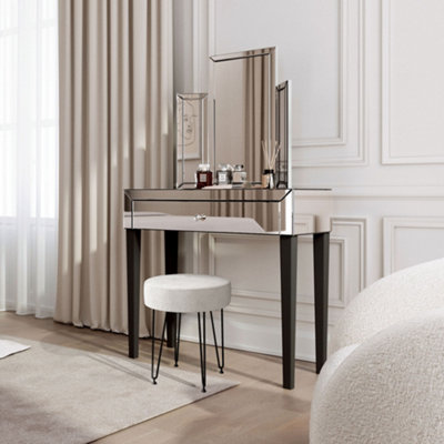 Laguna Silver Dressing Table with Paloma Tri-fold Mirror & Alaya Bouclé Stool
