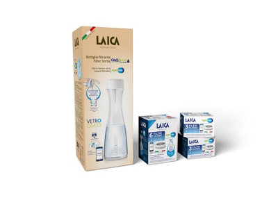 LAICA Glass Water Filter Bottle, GLASSmart 1.1Litre & 1 x FAST DISK Water Filter