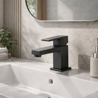 Laja Mono Basin Mixer Black - Modern Square Single Lever Bathroom Tap, Solid Brass Body, Matte Black Finish