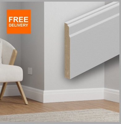 Lambs Tongue Primed White MDF Skirting Board 145mm x 18mm x 2.7m.  Pack of 4