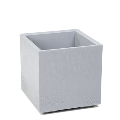 Lamela™ Karo Light Grey Concrete Square Planter, Stone Effect Resin Outdoor Pot with Coaster Wheels L40 W40 H40cm