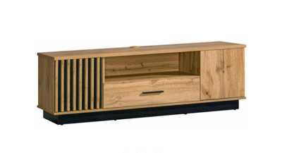 Lamelo LA7 TV Cabinet - Modern Industrial Style in Oak Wotan & Black Matt, H510mm W1550mm D400mm