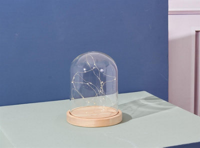 Lamp with Dome with LED Lights - Glass - L10 x W12 x H17 cm - Oak Base - 3