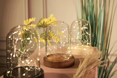 Lamp with Dome with LED Lights - Glass - L10 x W12 x H17 cm - Oak Base - 4
