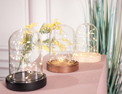 Lamp with Dome with LED Lights - Glass - L10 x W12 x H17 cm - Oak Base - 5
