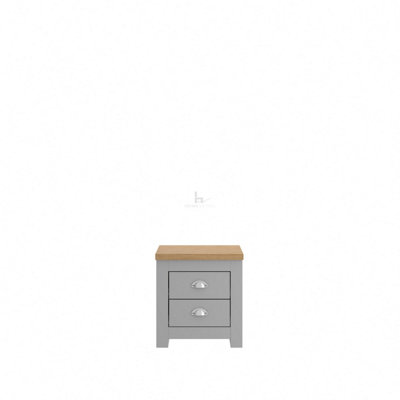 Lancaster Bedside Table Nightstand 2 Drawer Chest Drawers Cabinet Bedroom Side Table Chrome Handle in Grey With Oak Effect Top
