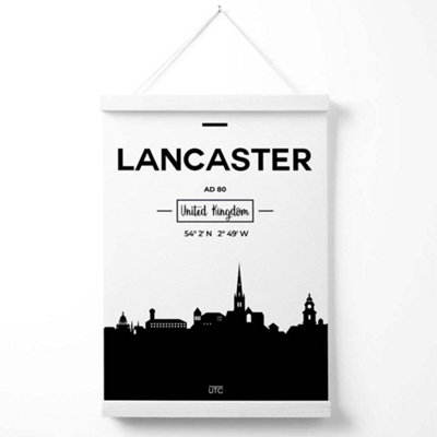 Lancaster Black and White City Skyline Poster with Hanger / 33cm / White