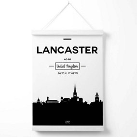 Lancaster Black and White City Skyline Poster with Hanger / 33cm / White