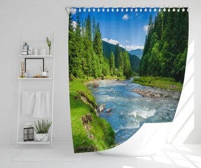 landscape with mountains, forest and a river in front. beautiful scenery (Shower Curtain) / Default Title Price Comparisons | Compare The Build