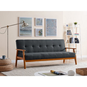 Langford Sofa Bed Fabric 3 Seater Button Detail Wooden Frame Sofabed, Charcoal with Dark Wood
