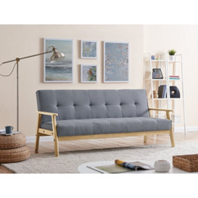Langford Sofa Bed Fabric 3 Seater Button Detail Wooden Frame Sofabed, Grey with Natural Wood