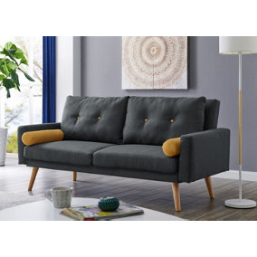 Langley Fabric Sofa Bed With Natural Wooden Legs Tufted Backrest Charcoal With Matching Bolster Cushions