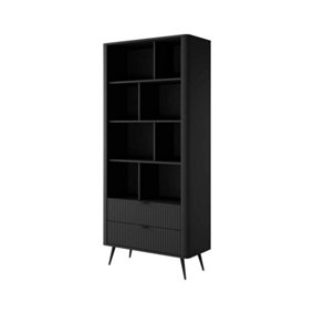 Lante Modern Black Bookcase 880mm H1940mm D380mm with Eight Open Compartments and Two Drawers