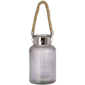 Lantern with Rope Detail and Interior LED - Frosted Glass/Rope - L14 x W14 x H26 cm - Grey