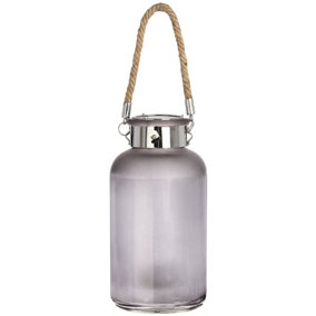 Lantern with Rope Detail and LED - Frosted Glass/Rope - L10 x W10 x H20 cm - Grey