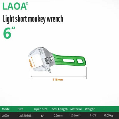 LAOA 320706, stubby wide opening jaws adjustable wrench 115mm long soft grip