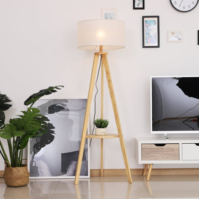 Laravi 154 cm Tripod Floor Lamp with Linen Shade and Shelf - Cream.