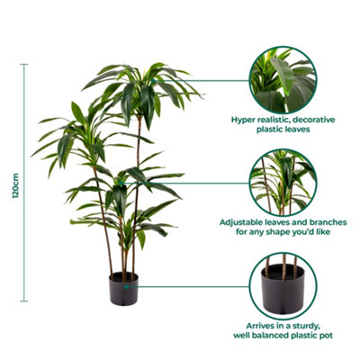 Large 120cm Artificial Dracaena Marginata Dragon Tree - Indoor Houseplants with Realistic Faux Foliage -Home and Office Décor