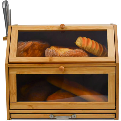 Large 2-Compartment Bamboo Bread Bin with Sliding Chopping Board