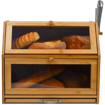 Large 2-Compartment Bamboo Bread Bin with Sliding Chopping Board