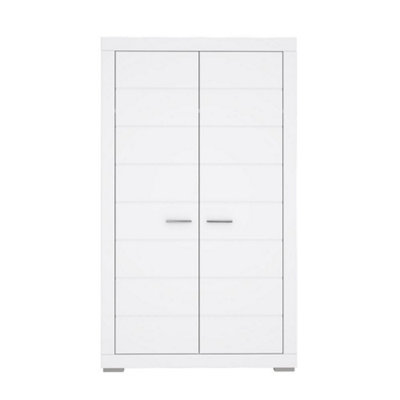 Large 2 Door Snow White Gloss Wardrobe Full Length Hanging Rail With Shelf