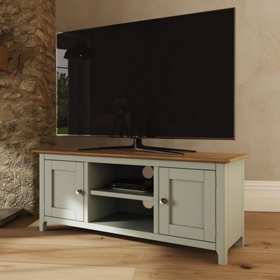 Large 2 Door TV Unit Assembled Sage Green Solid Oak Living Room