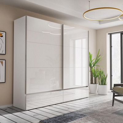 Large 2 Door White Wardrobe Gloss Sliding Doors With 2 Drawers LED Surround