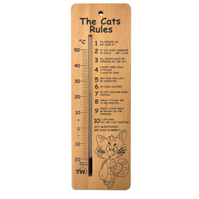 Large 380mm Wooden Cat Thermometer with The Cats Rules - Ideal Cat Gifts for Cat Lovers and Owners Sign