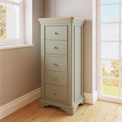 Large 5 Drawer Chest Of Drawers Solid Oak Sage Green Painted Finish Ready Assembled