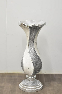 Large 80Cm Shiny Sparkly Mirror Crushed Diamond Glitter Flower Pot White Silver V053