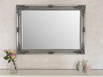 Large Antique Silver Wood Frame Wall Mirror