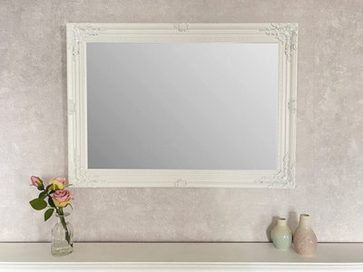 Large Antique Style White Wood Frame Wall Mirror